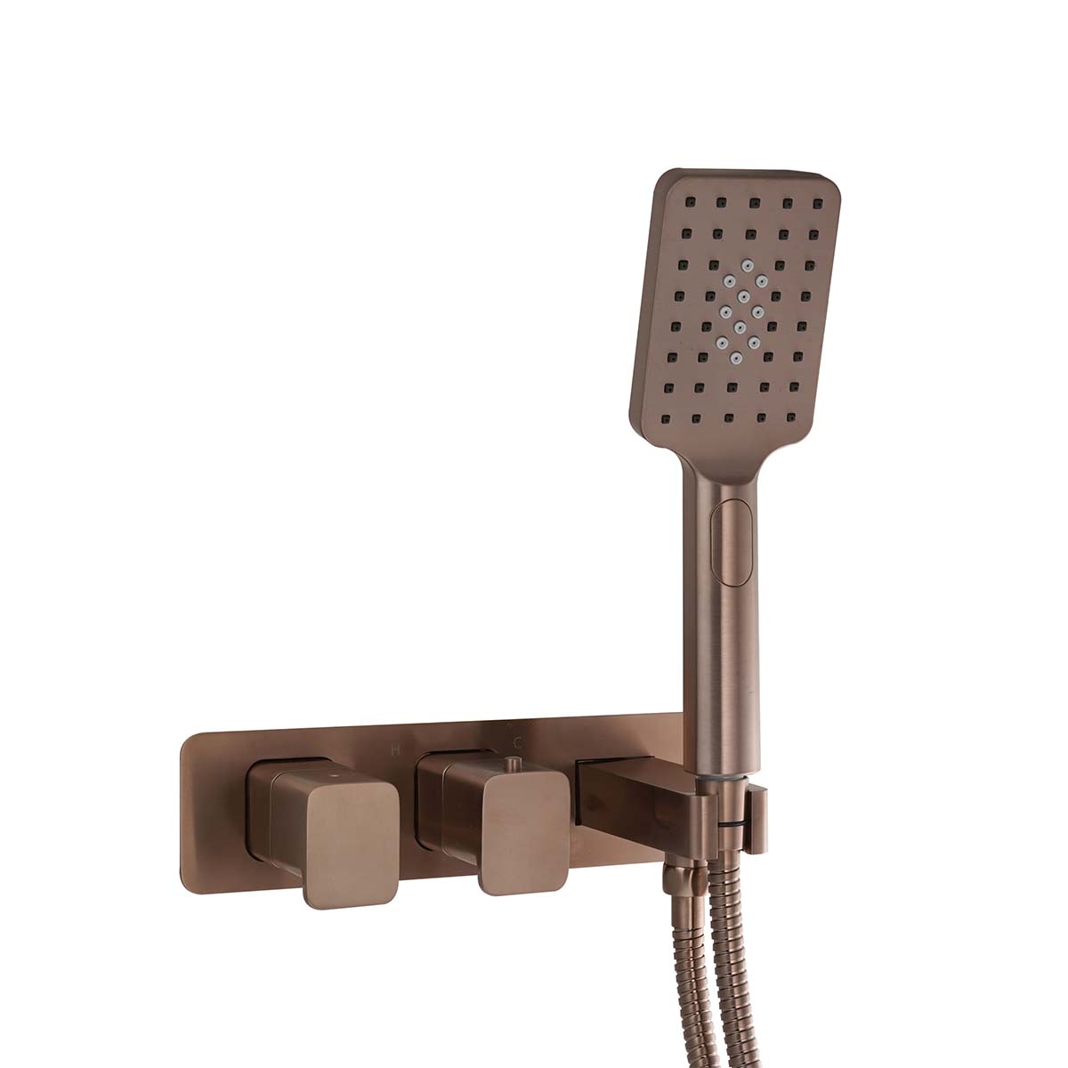 Thermostatic Concealed 2 Outlet Shower Valve with Shower Handle - Brushed Bronze