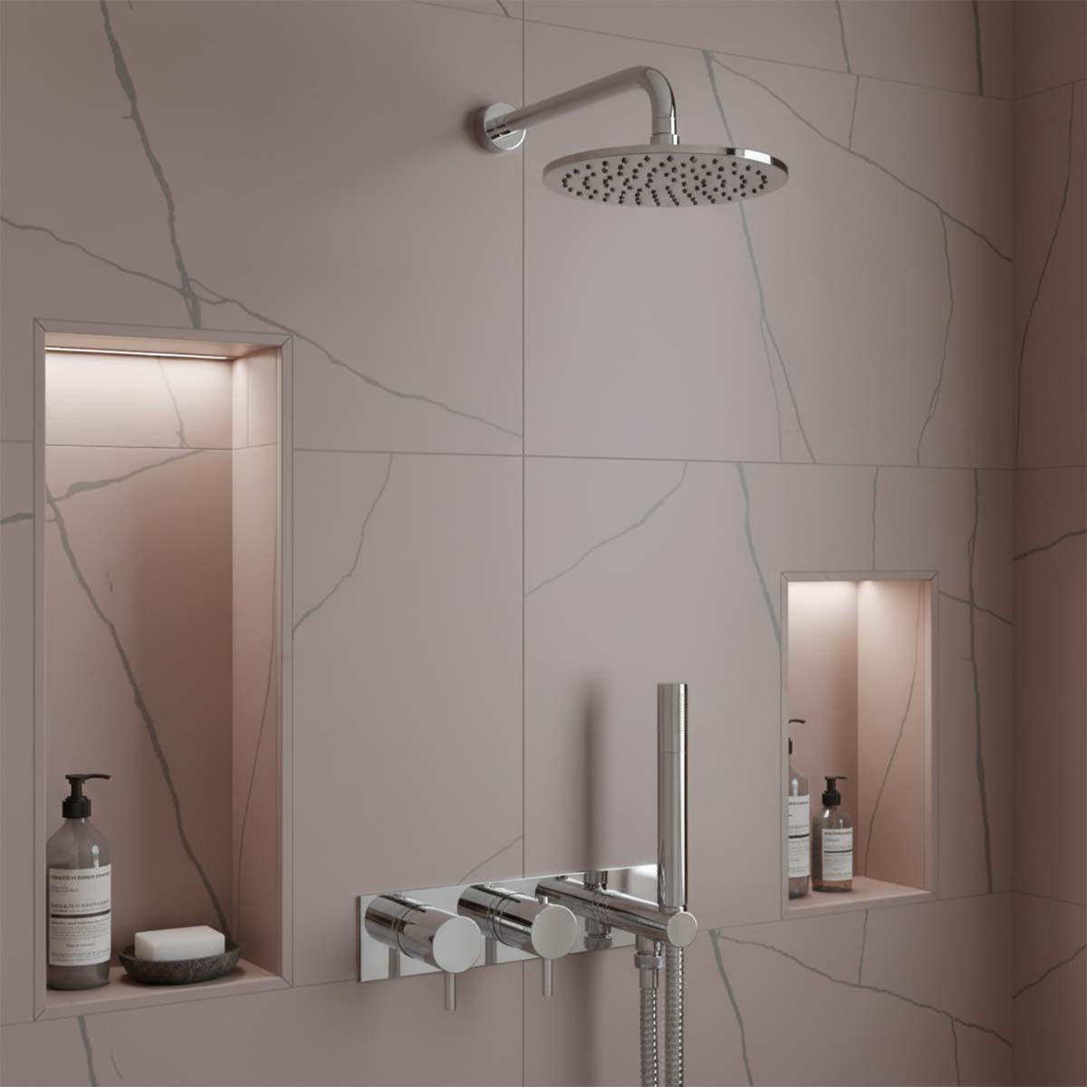Thermostatic Concealed 2 Outlets Shower Valve with Attached Handle and Shower Head & Arm - Chrome
