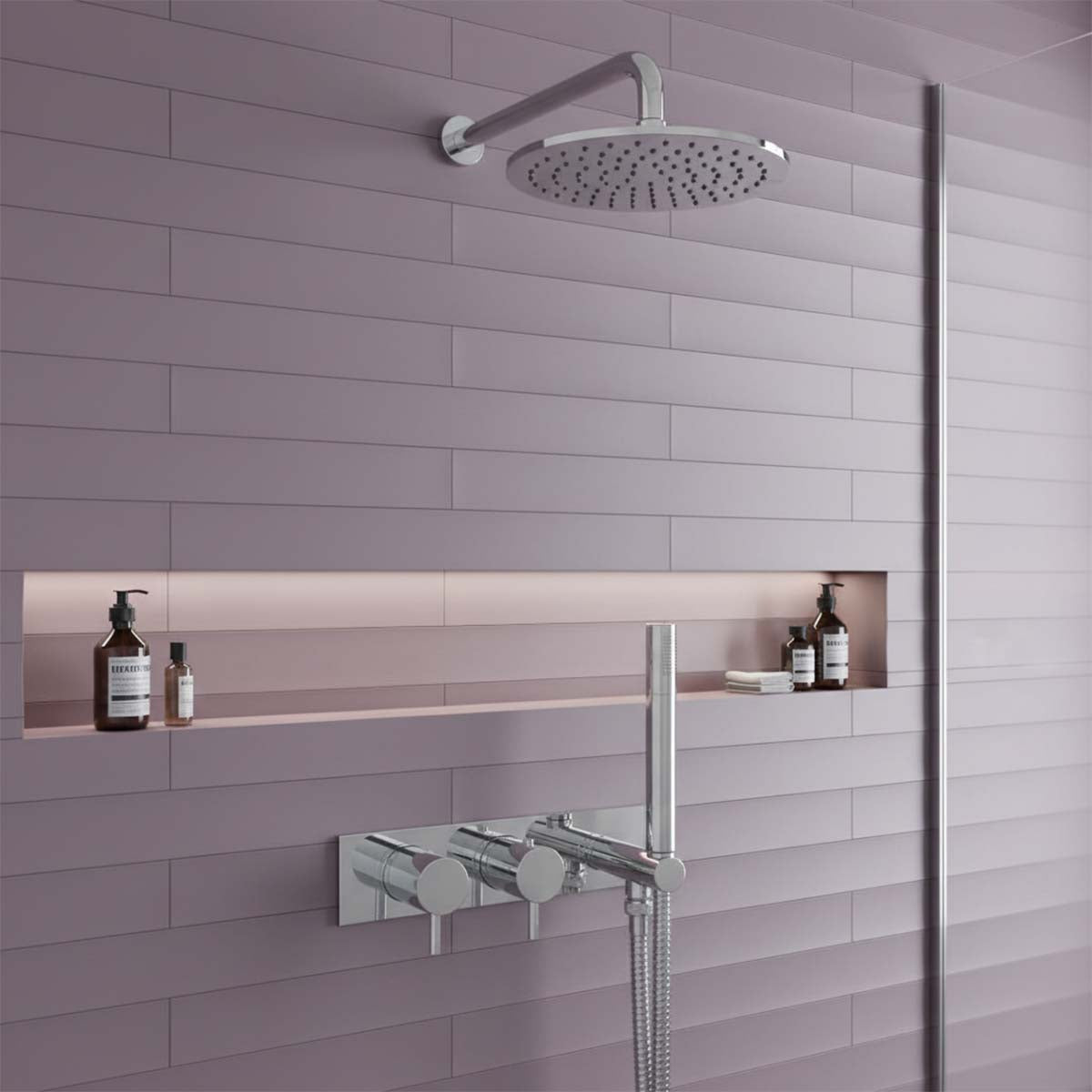 Thermostatic Concealed 2 Outlets Shower Valve with Attached Handset and Shower Head & Arm - Chrome