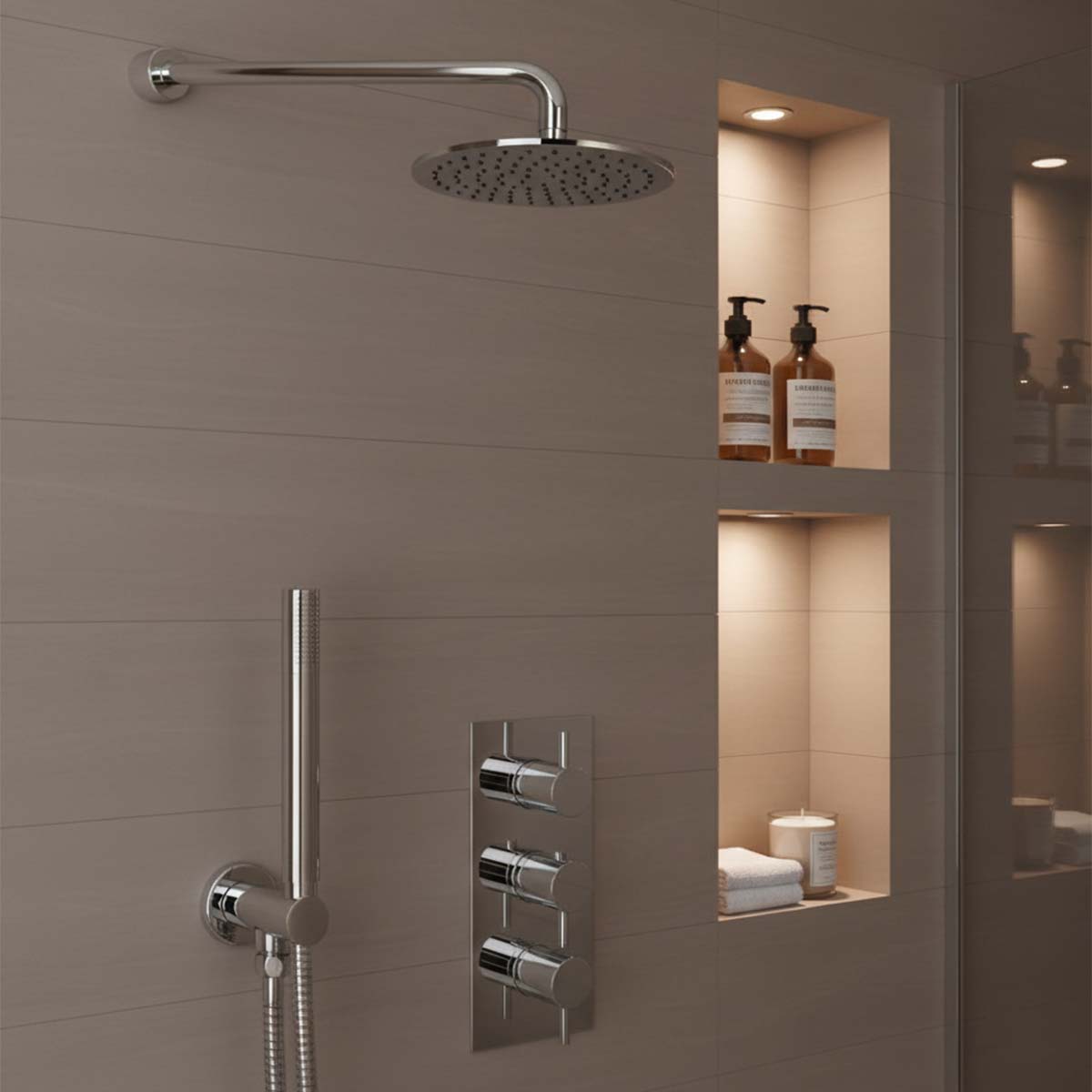 Thermostatic Concealed Shower Set with 2 Outlet Valve, Shower Head, Arm and Round Handheld Shower