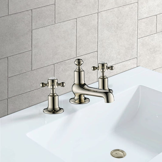 Traditional 3 Hole Basin Mixer Tap with Dual Crosshead Handles - Brushed Nickel 736