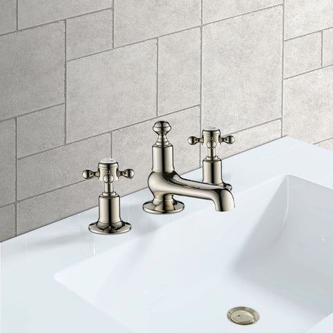 Traditional 3 Hole Basin Mixer Tap with Dual Crosshead Handles - Brushed Nickel