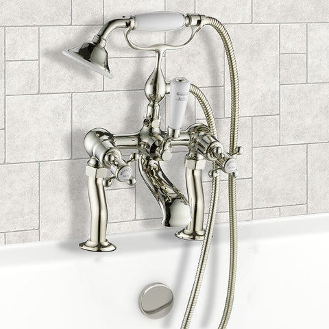 Traditional Deck Mounted Bath Shower Mixer Tap with Handset – Nickel