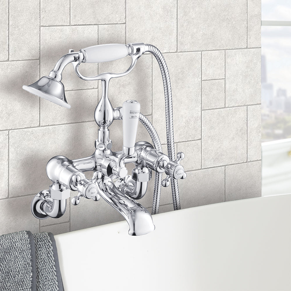 Traditional Wall Mounted Bath Mixer Tap with Handheld Shower-Chrome