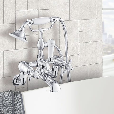 Traditional Wall Mounted Bath Mixer Tap with Handheld Shower-Chrome