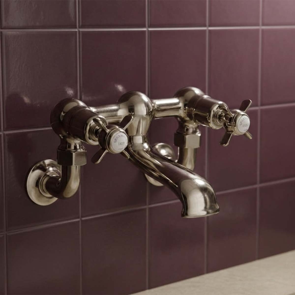 Traditional 2 Hole Wall Mounted Bath Filler Tap - Nickel 