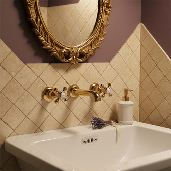 Traditional 3 hole wall mounted basin tap - shiny gold Main image
