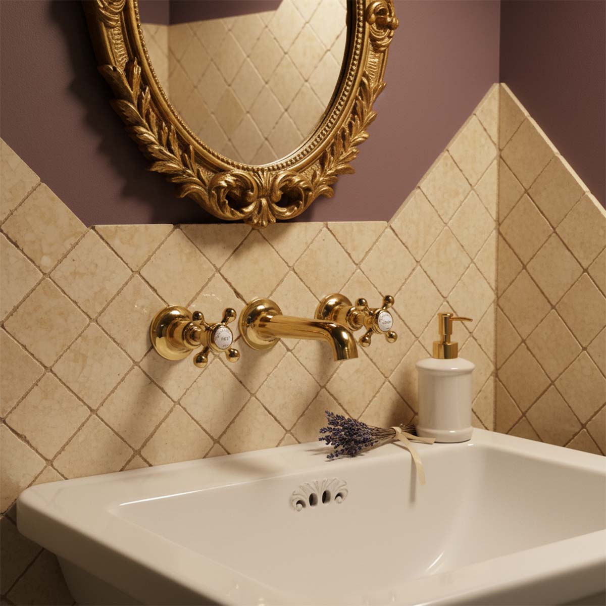 Traditional 3 hole wall mounted basin tap - shiny gold