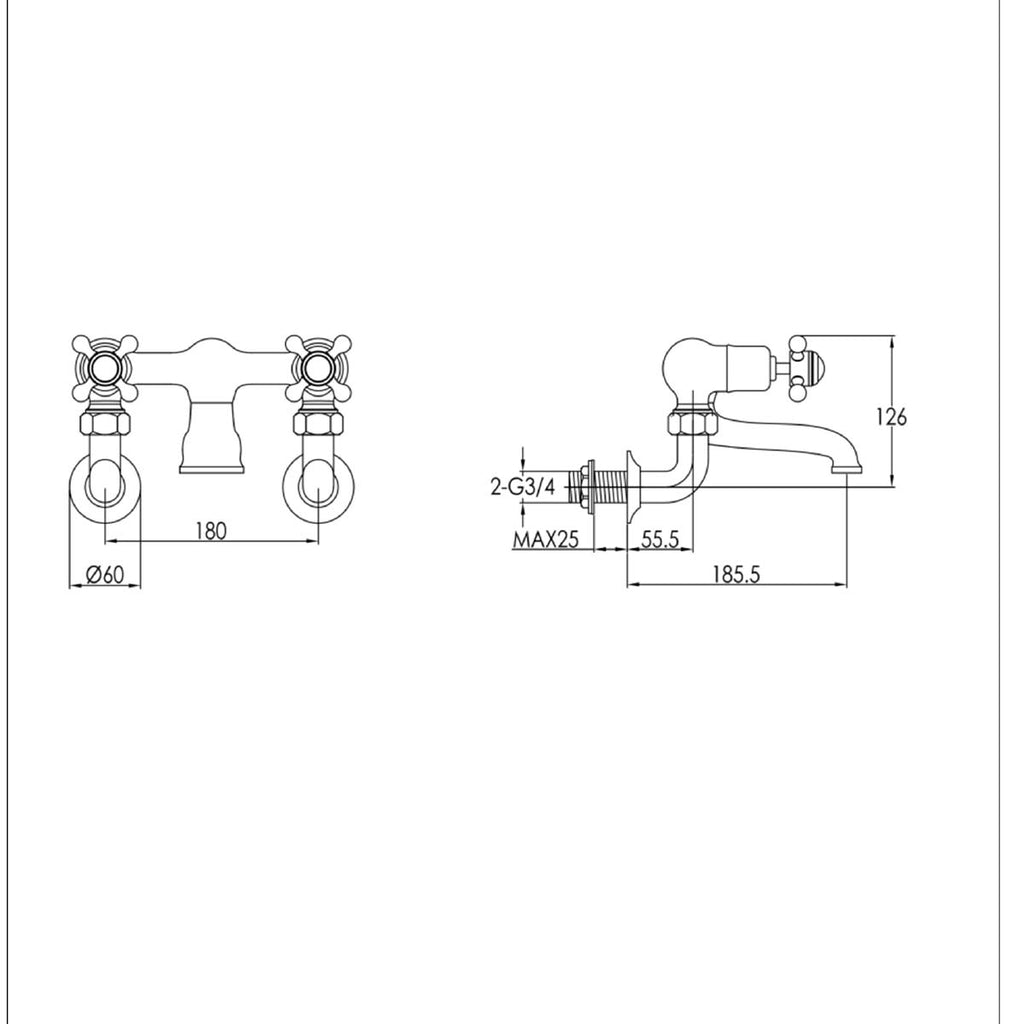 Traditional Brushed brass wall mounted traditional bath tap - technical details