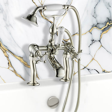 Traditional Deck Mounted Bath Shower Mixer Tap with Handset – Brushed Nickel
