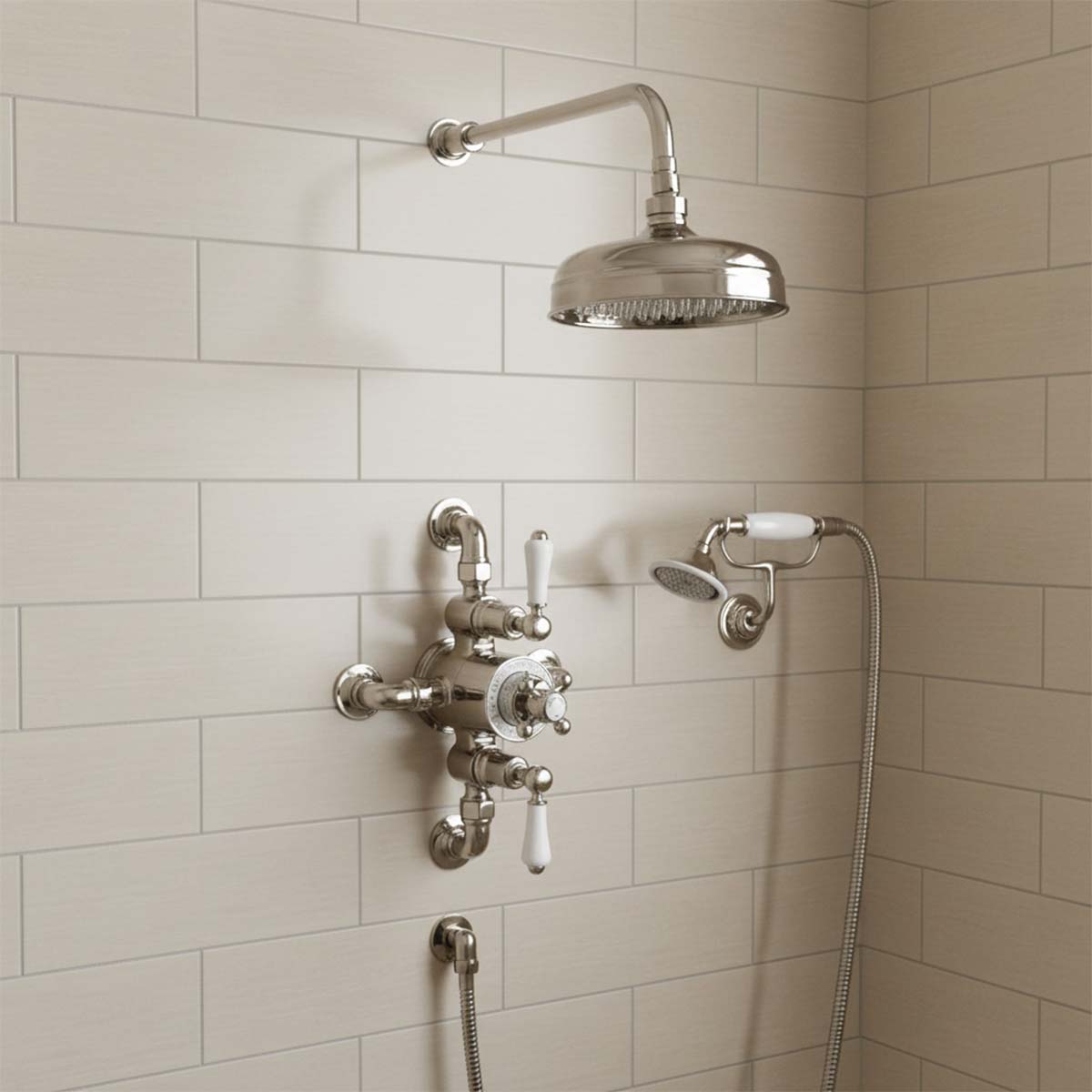 Victorian Exposed Thermostatic Shower Valve with 2 Outlets - Brushed Nickel