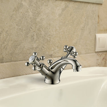 Traditional Mono Basin Mixer Tap with Crosshead Handles - Brushed Nickel