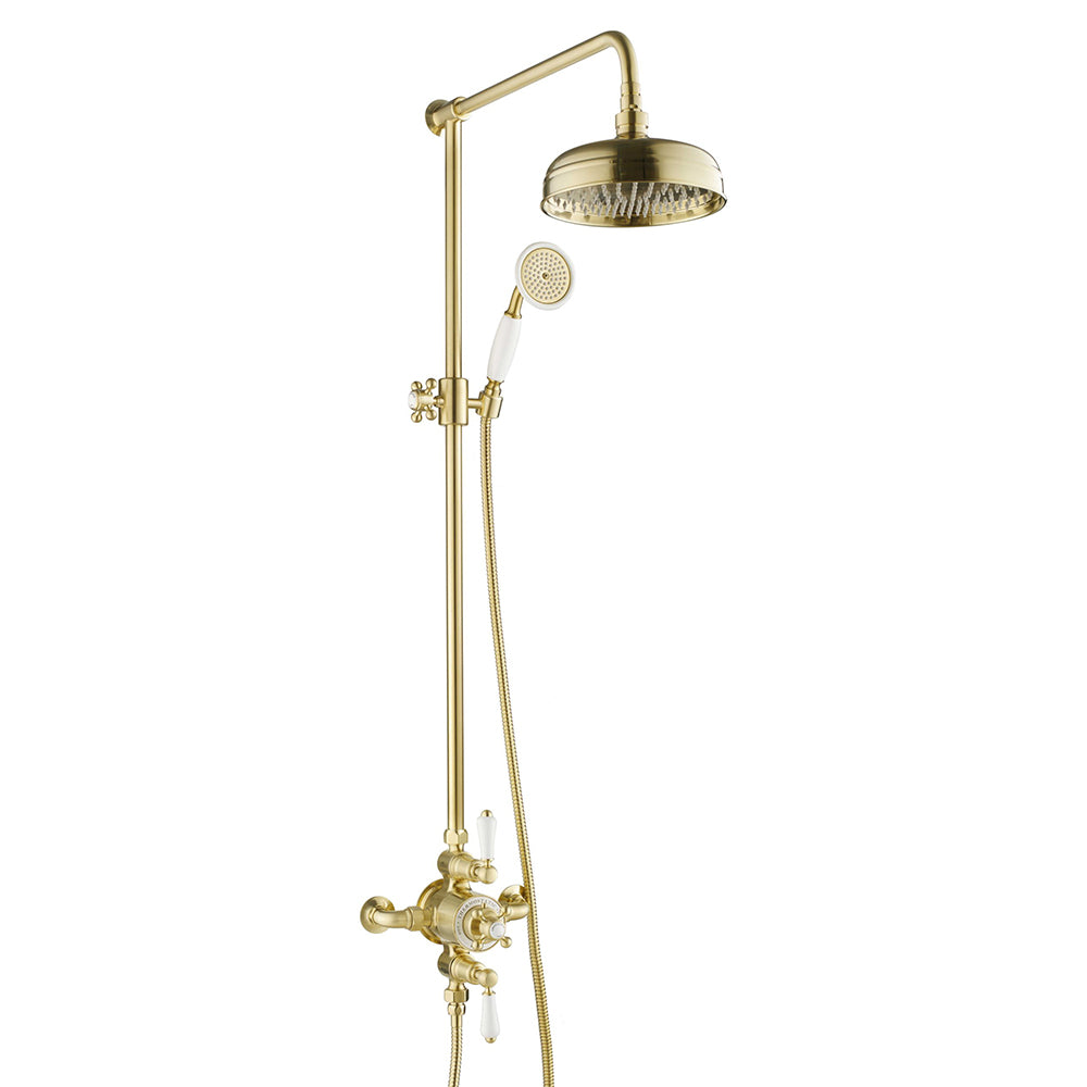 Traditional Rigid Riser with Exposed Valve 200mm Shower Head Handshower-Brushed Brass