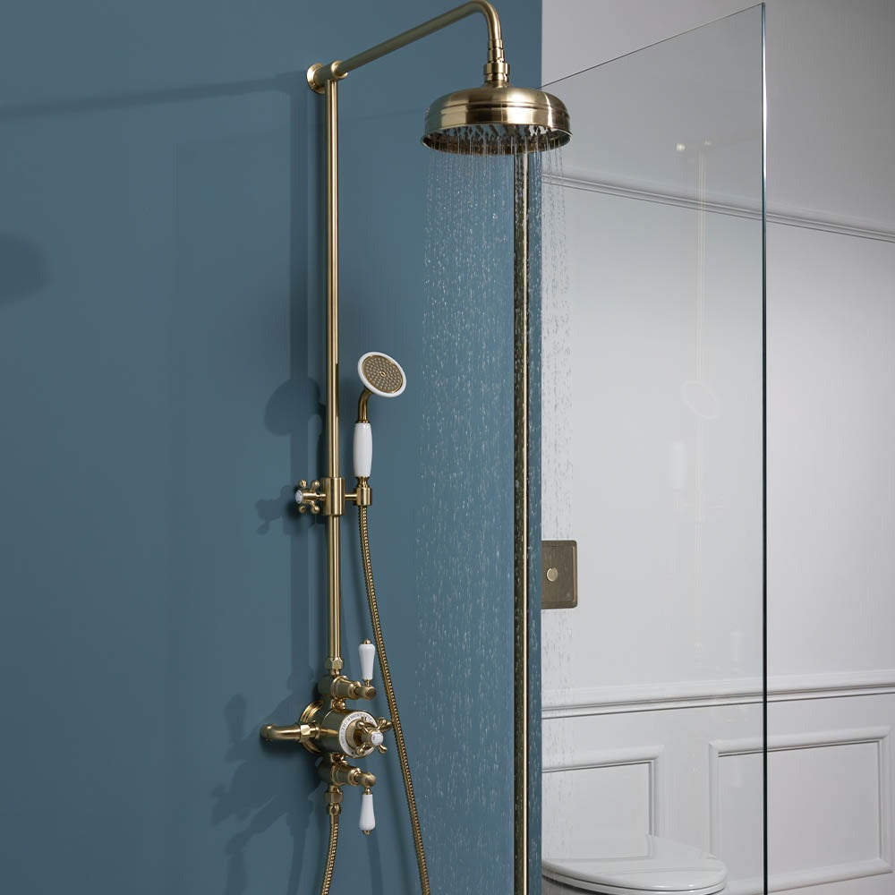 Traditional Rigid Riser with Exposed Valve, 200mm Shower Head and Handshower - Brushed Brass
