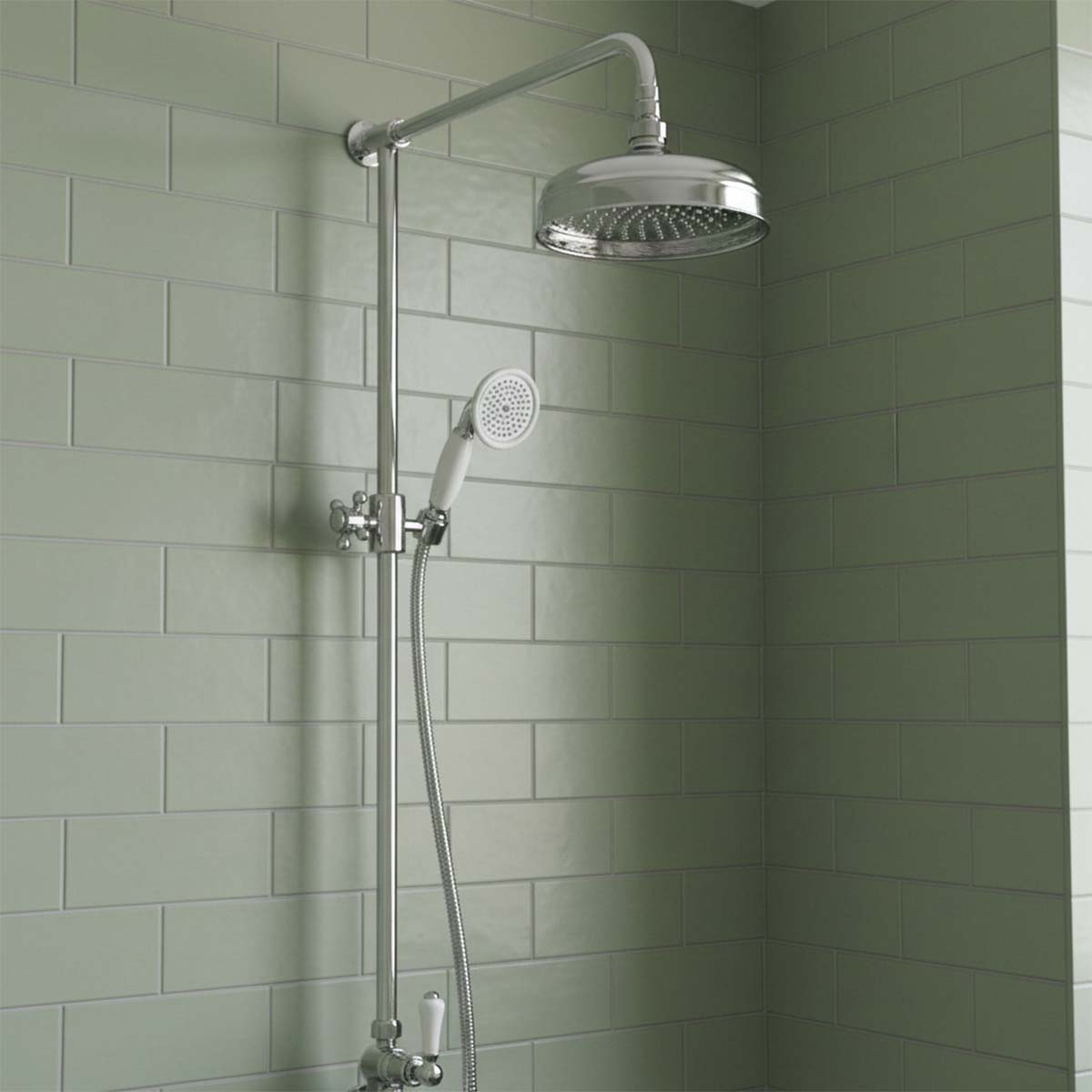 Traditional Rigid Riser with Exposed Valve, shower head and handset - chrome