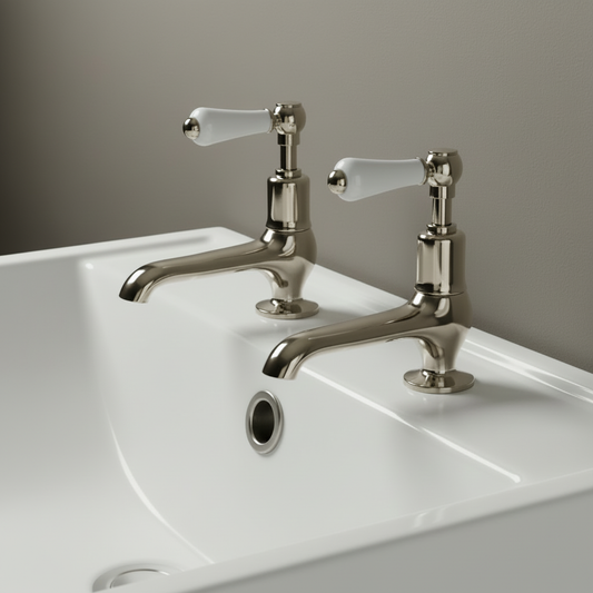Traditional Long-Nose Deck-Mounted Basin Pillar Taps - Brushed Nickel