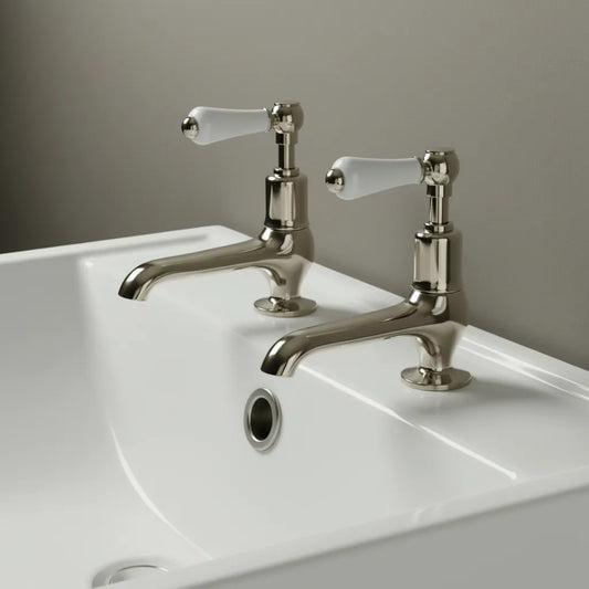 Traditional Long-Nose Deck-Mounted Basin Pillar Taps - Brushed Nickel