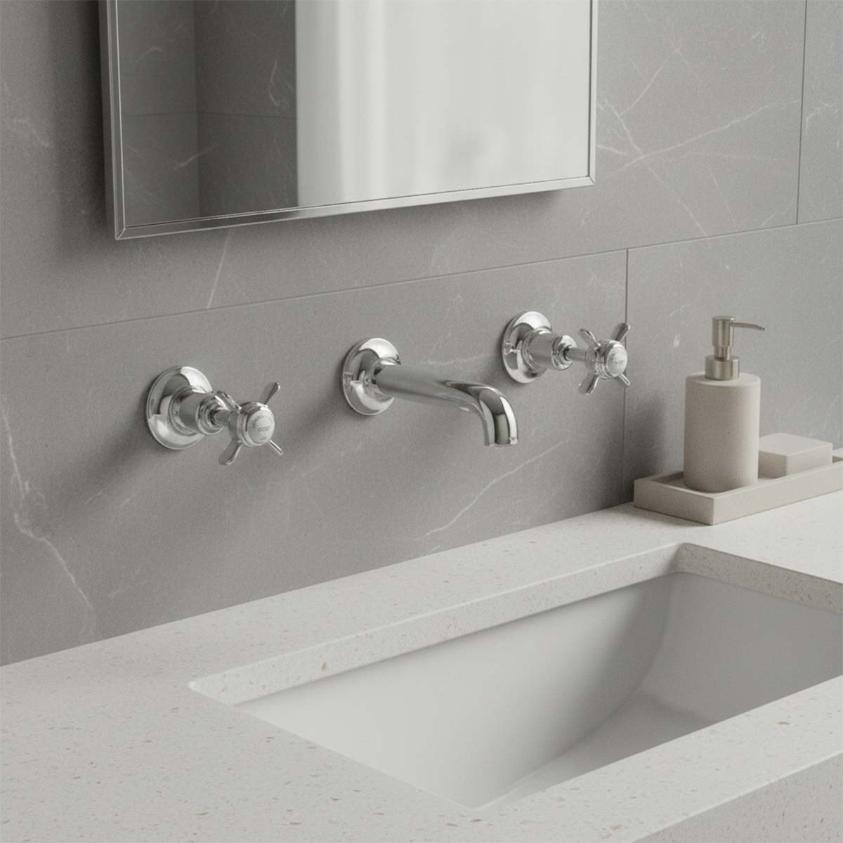 Traditional Wall Mounted 3 Hole Basin Mixer Tap Pinch Handles