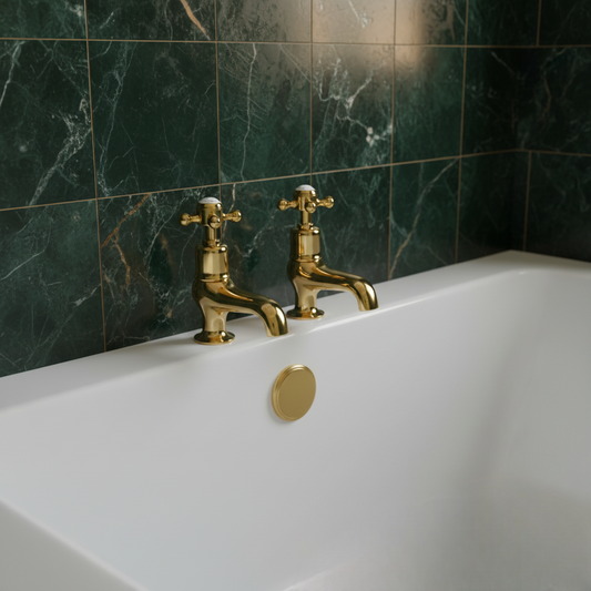 Deck-Mounted Crosshead Pillar Bath Taps- Gold