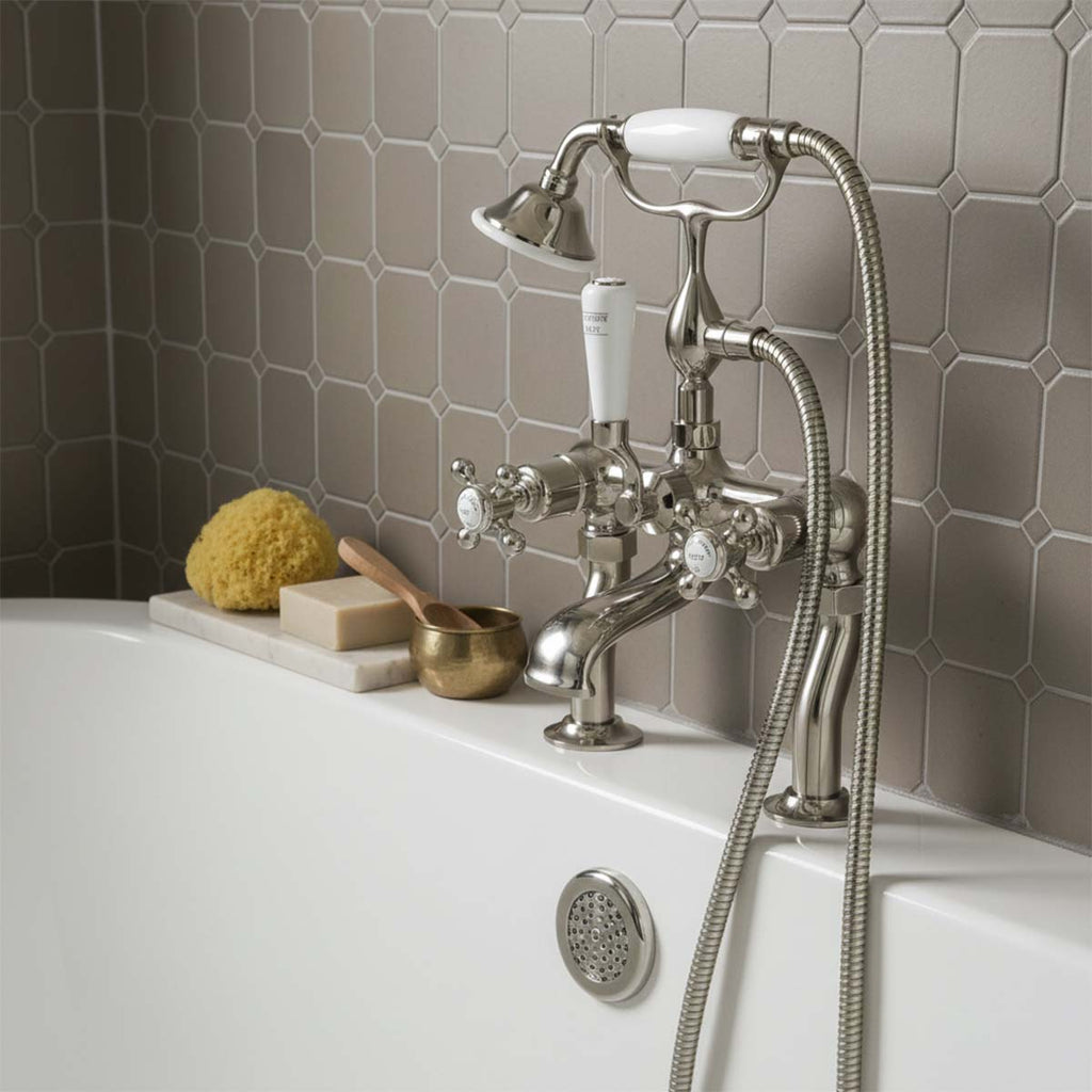 Traditional bath tap with shower attachment - brushed nickel 