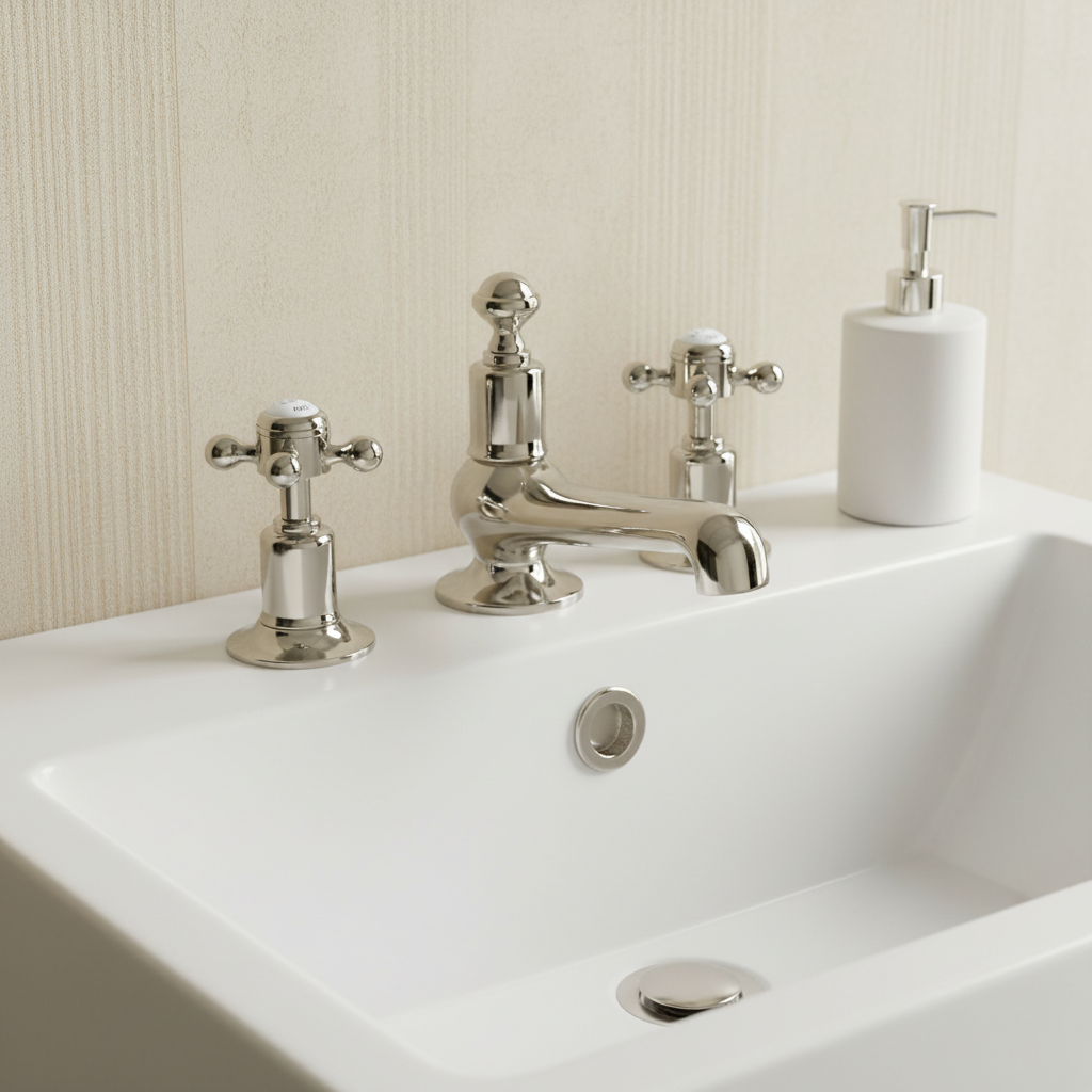 Traditional brushed nickel basin mixer tap