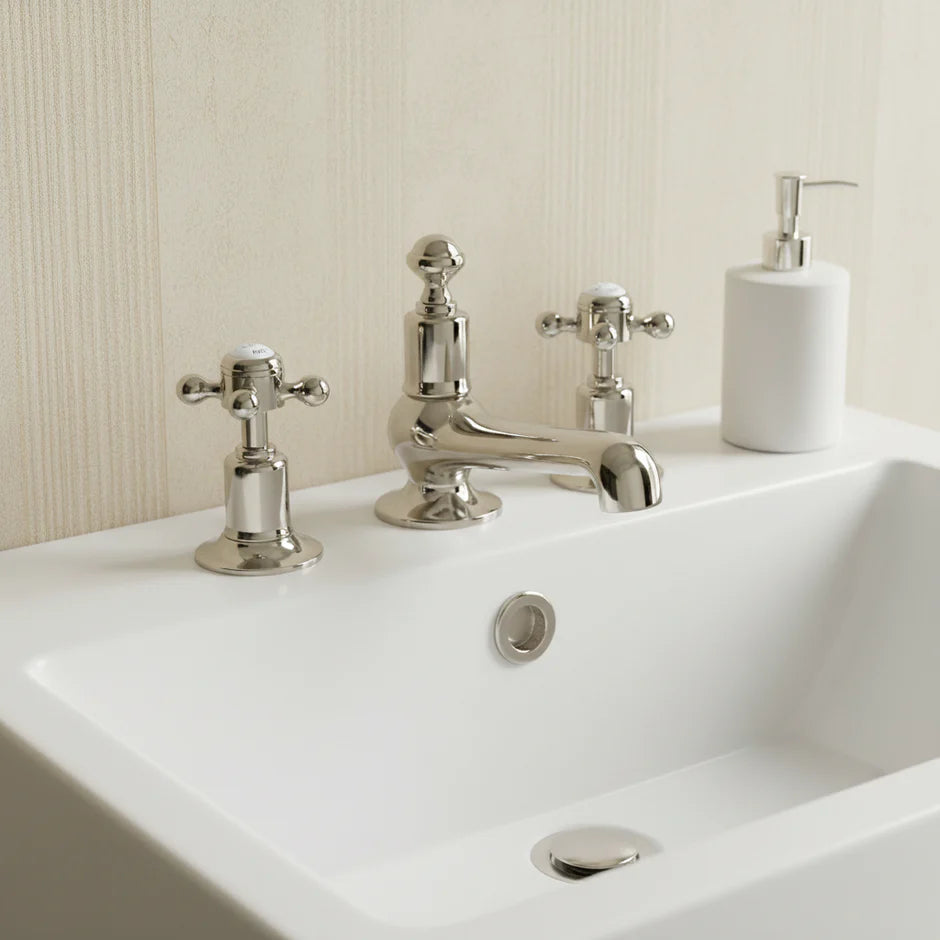 3 hole deck mounted traditional basin tap with waste - nickel 