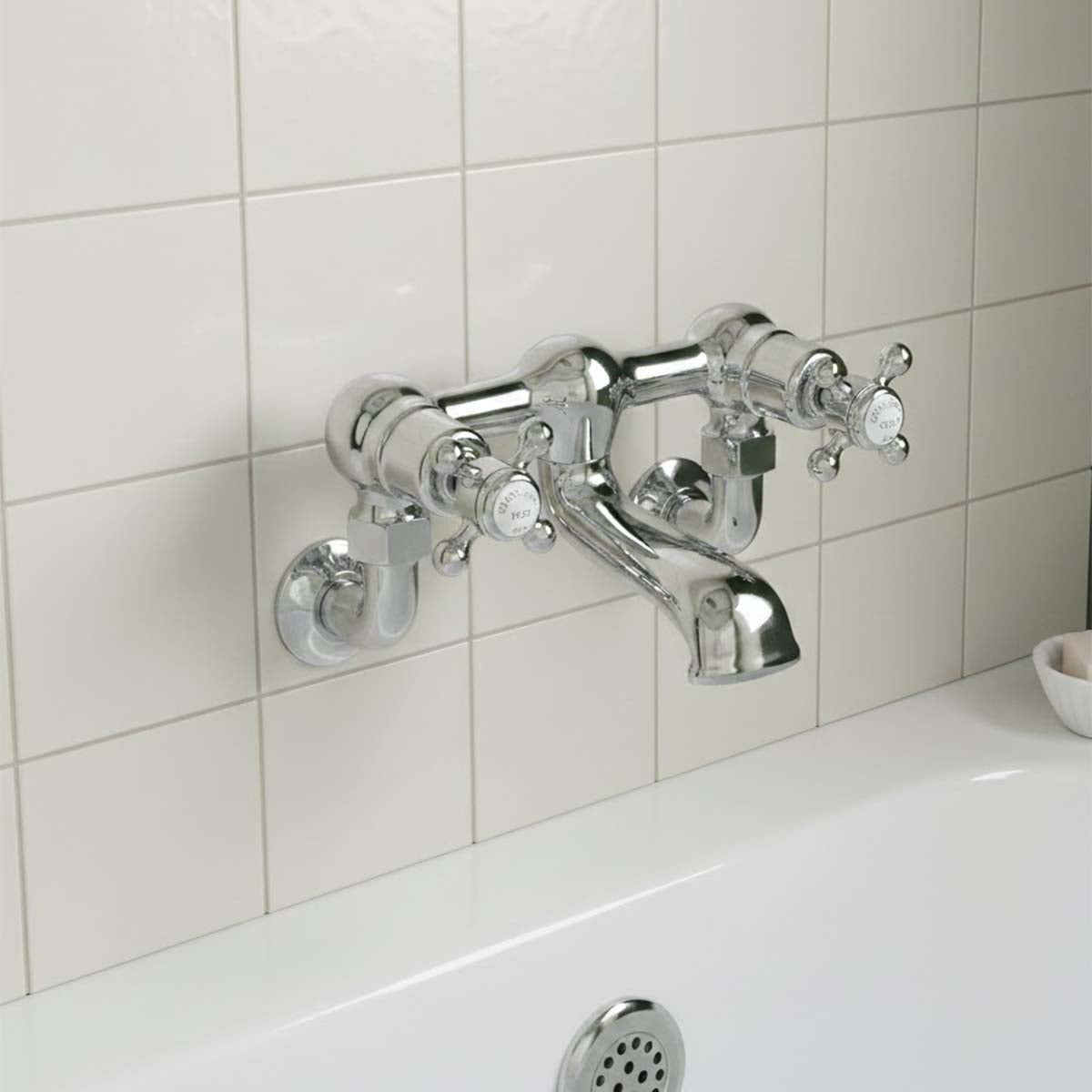 Traditional chrome bath filler tap wall mounted