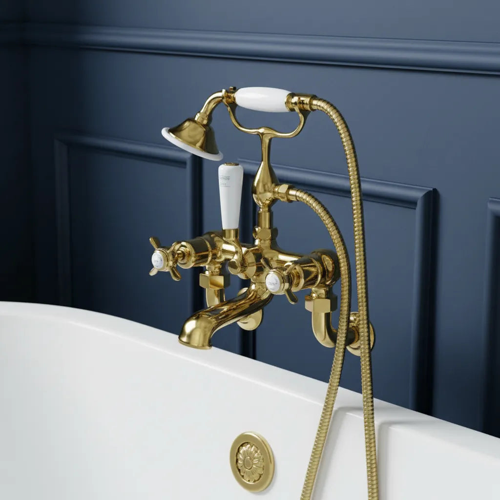 Gold Wall-Mounted Pinch Crosshead Bath Tap and Hand Shower Set