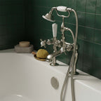 Traditional deck mounted bath tap with shower head and crosshead handles - brushed nickel 