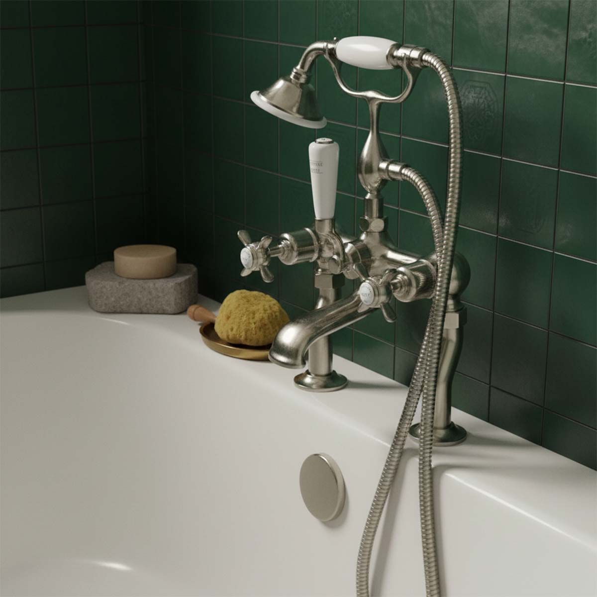 Traditional deck mounted bath tap with shower head and crosshead handles - brushed nickel 
