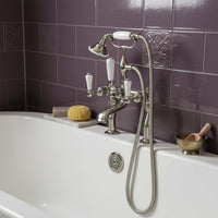 Traditional deck mounted lever bath tap with shower attachment - brushed nickel 