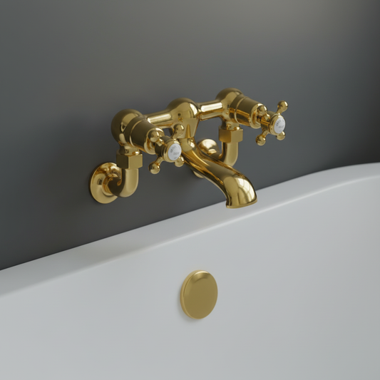 Traditional Gold Crosshead Handles Bath Filler Tap - Wall Mounted