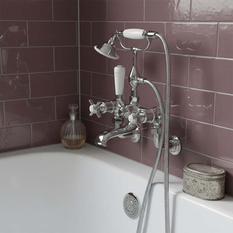Traditional wall mounted bath tap with shower head - chrome Main image