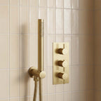 Vertical brushed brass 2 outlet shower valve with three controls 