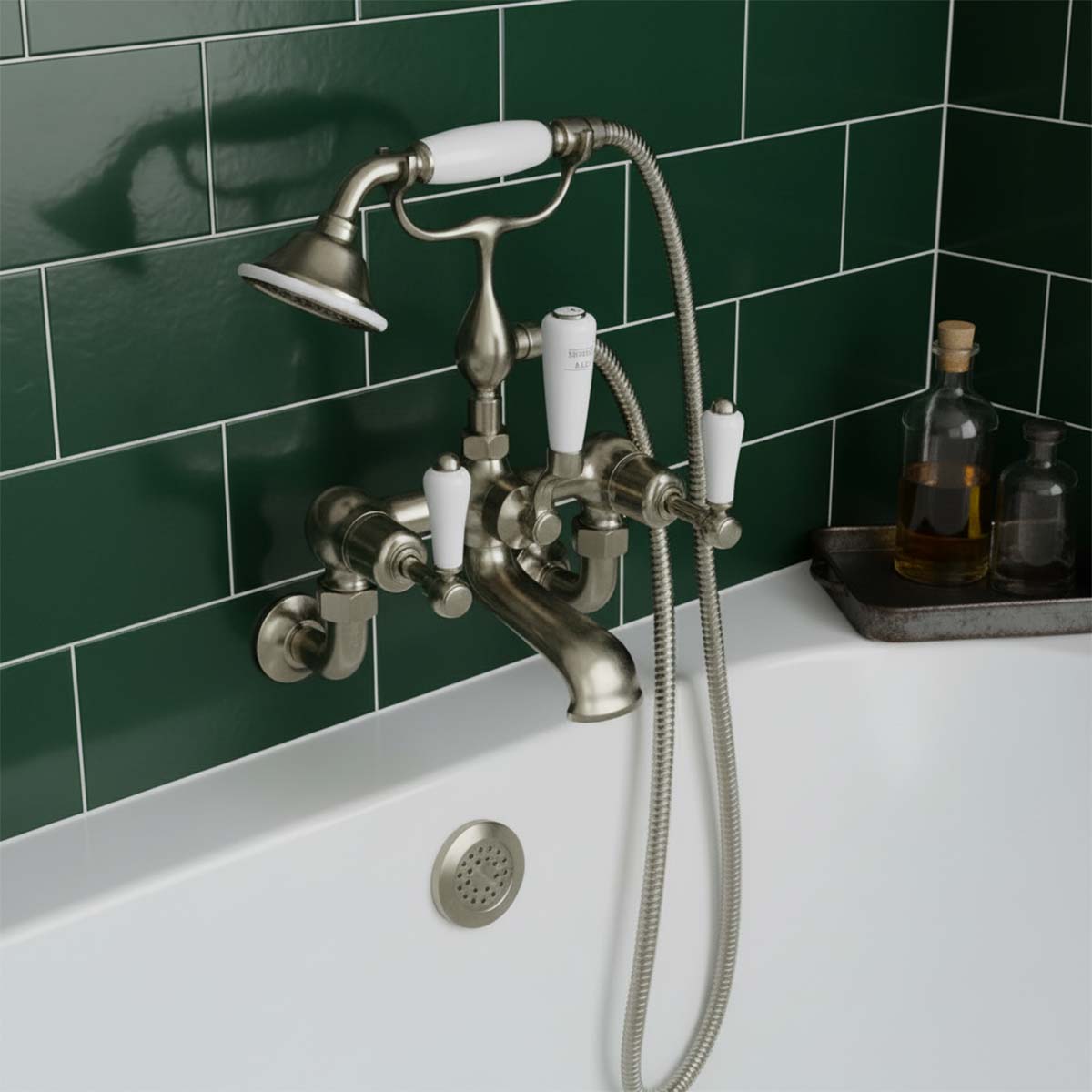 Wall mounted bath tap with shower attachment - brushed nickel 