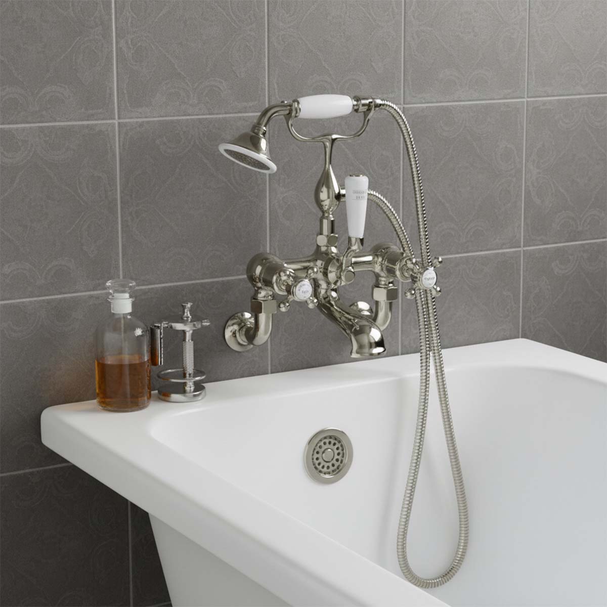 Victorian brushed nickel wall mounted bath tap