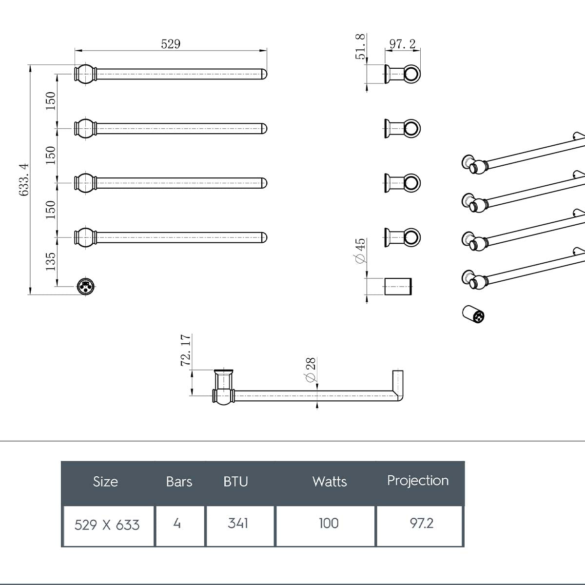 Victorian electric heated towel rail  - technical details 