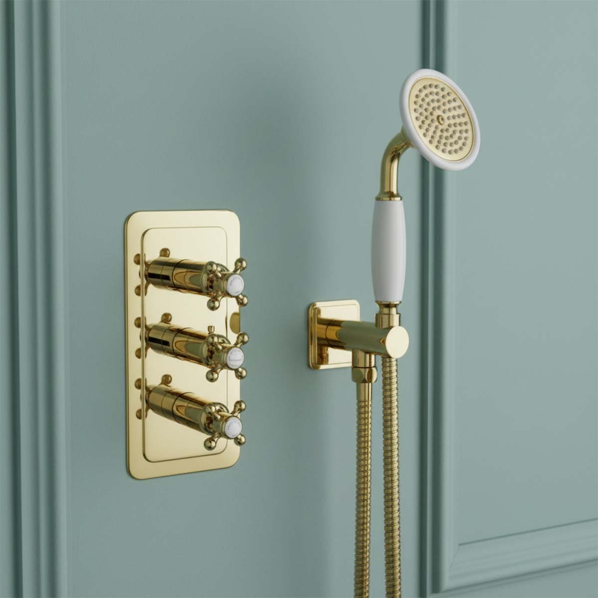 Victorian style 3 way thermostatic shower valve - polished gold 