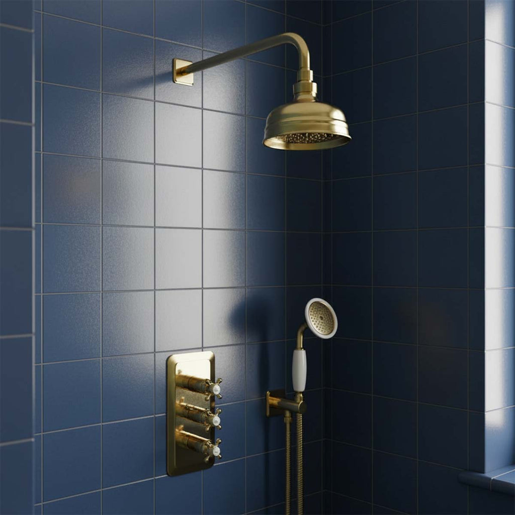 Victorian style shower head and arm - gold