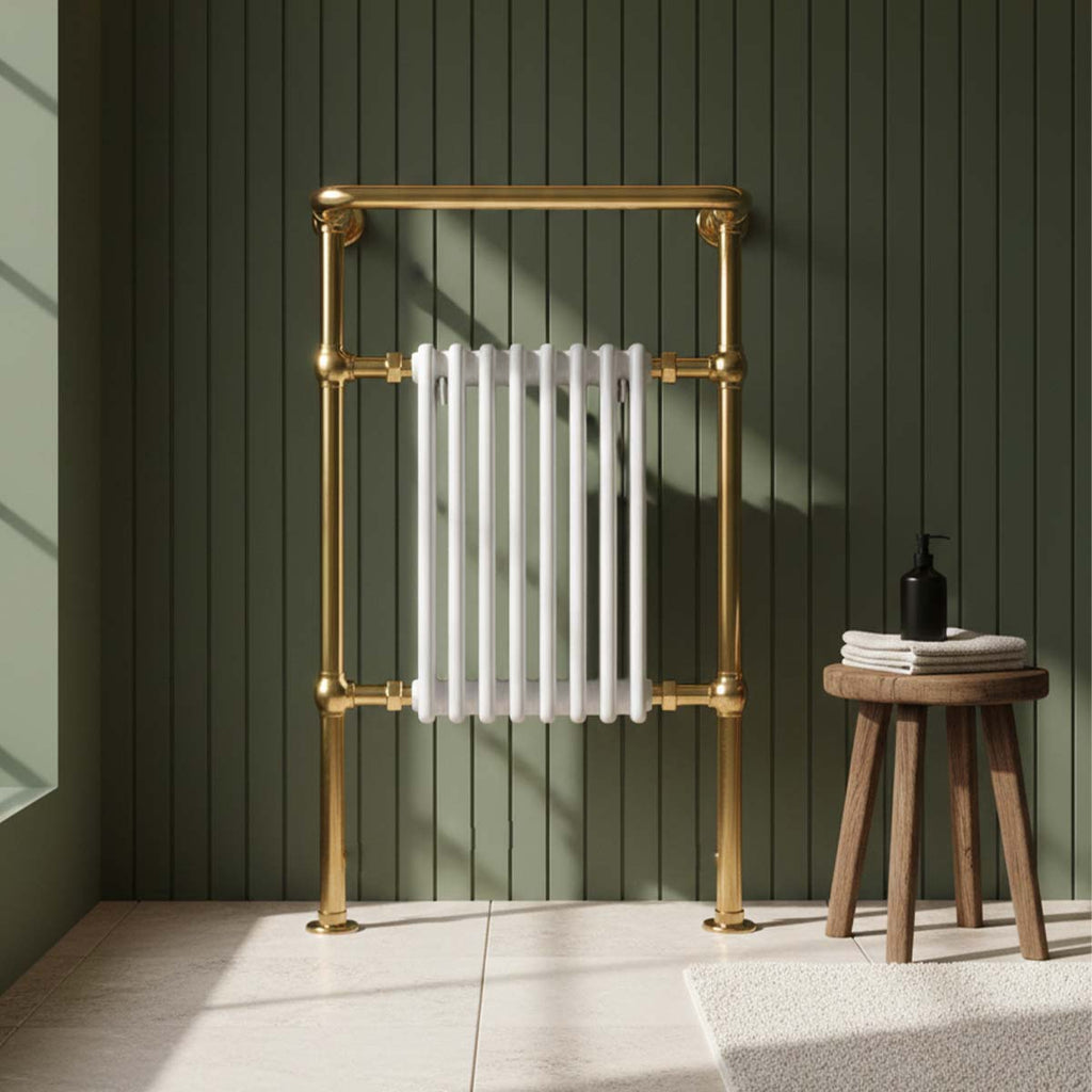 Victorian towel radiator with overhanging rail - shinny gold