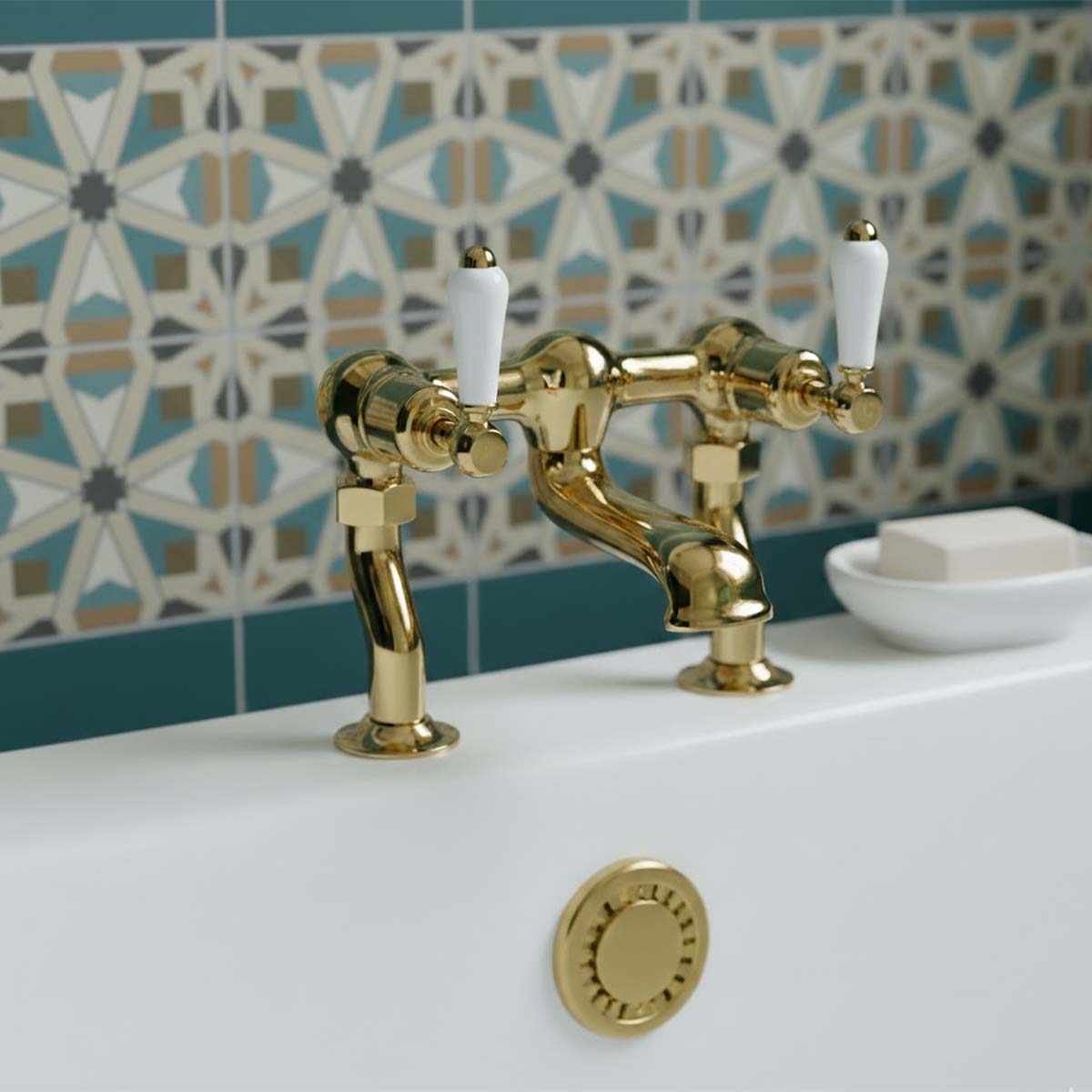 Victorian two hole bath lever tap - gold