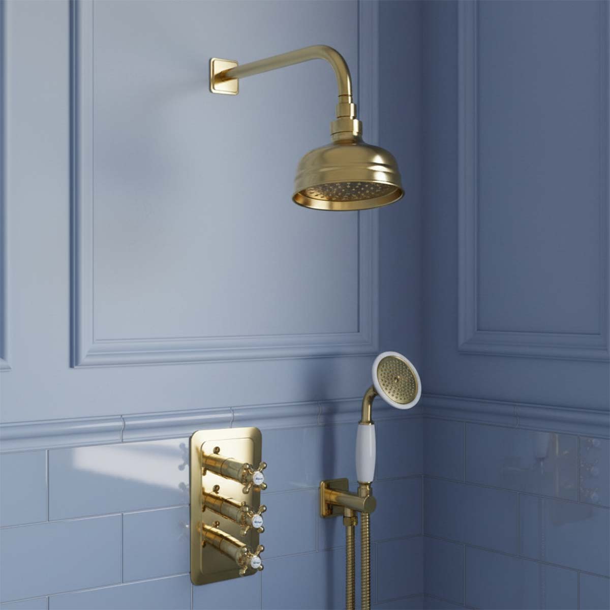 Vintage style gold shower head and arm set