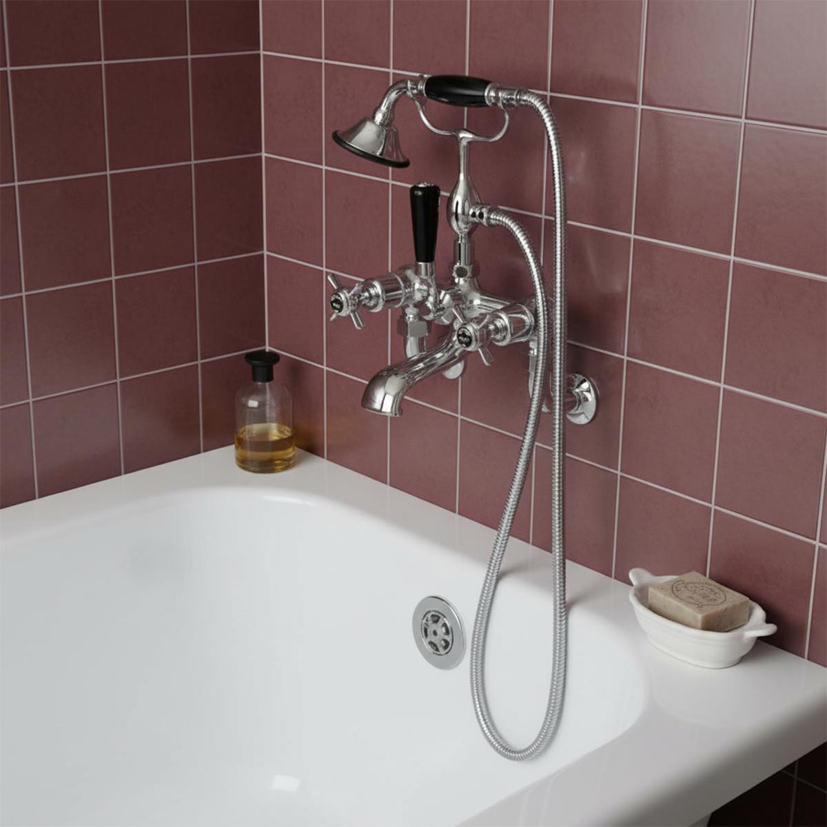 Vintage wall mounted bath mixer tap with telephone shower set - chrome