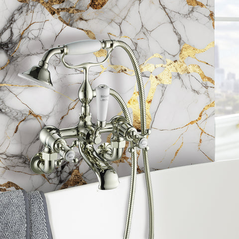 brushed nickel wall mounted bath mixer with shower handset