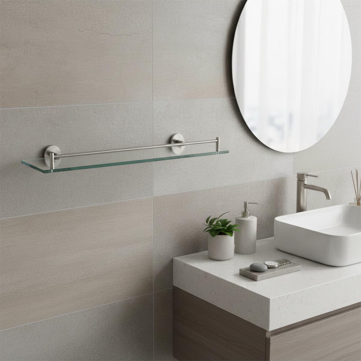 Wall-Mounted Glass Bathroom Shelf with Stainless Steel holder - 520mm