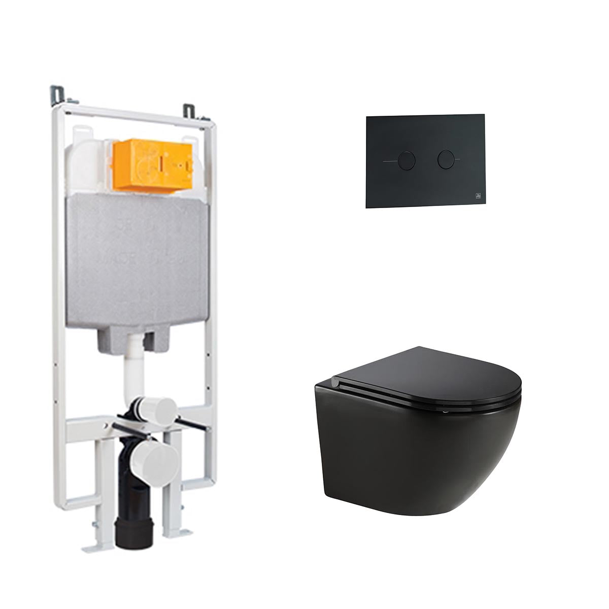 Wall Hung Rimless Toilet with Seat & 1.2m Slim Concealed Cistern W.C Frame and Matt Black Flush Plate Set