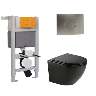 Black Wall Hung Toilet with Seat & 0.82m Concealed Cistern Frame Set and Stainless Steel Flush Plate Secondary image