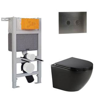 Matt Black Wall Hung Toilet with Seat & Concealed Cistern W.C Frame Set 0.82m and Brushed Black Flush Plate Secondary image