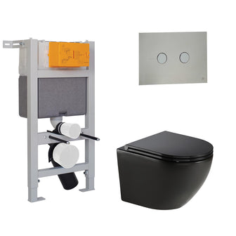 Matt Black Wall Hung Toilet with Seat & Concealed Cistern W.C Frame Set 0.82m and Chrome Flush Plate Secondary image
