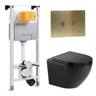 Black Wall Hung Toilet with Seat, 1.2m Pre-Wall W.C Cistern Frame and Brushed Brass Flush Plate Secondary image